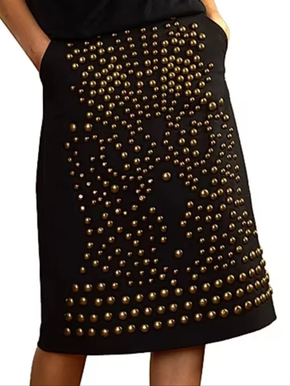 Cynthia Rowley Skirt, Size 6, Black Denim, Brass Stud Embellished